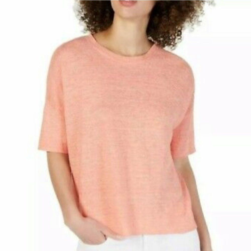 Eileen‎ Fisher Organic Linen Melange Round Neck Short Sleeve Top Peach Women LG